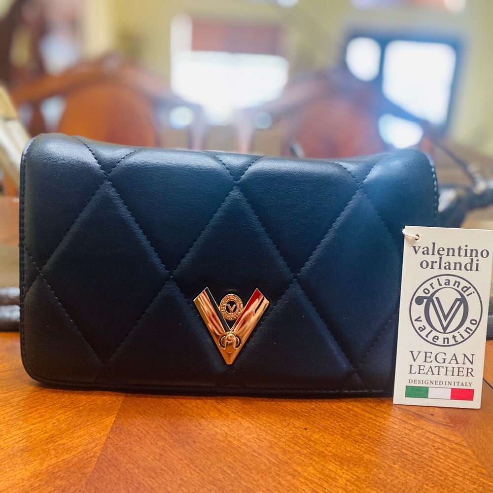 VALENTINO ORLANDI Black Diamond Quilted Crossbody Shoulder Bag Clutch New